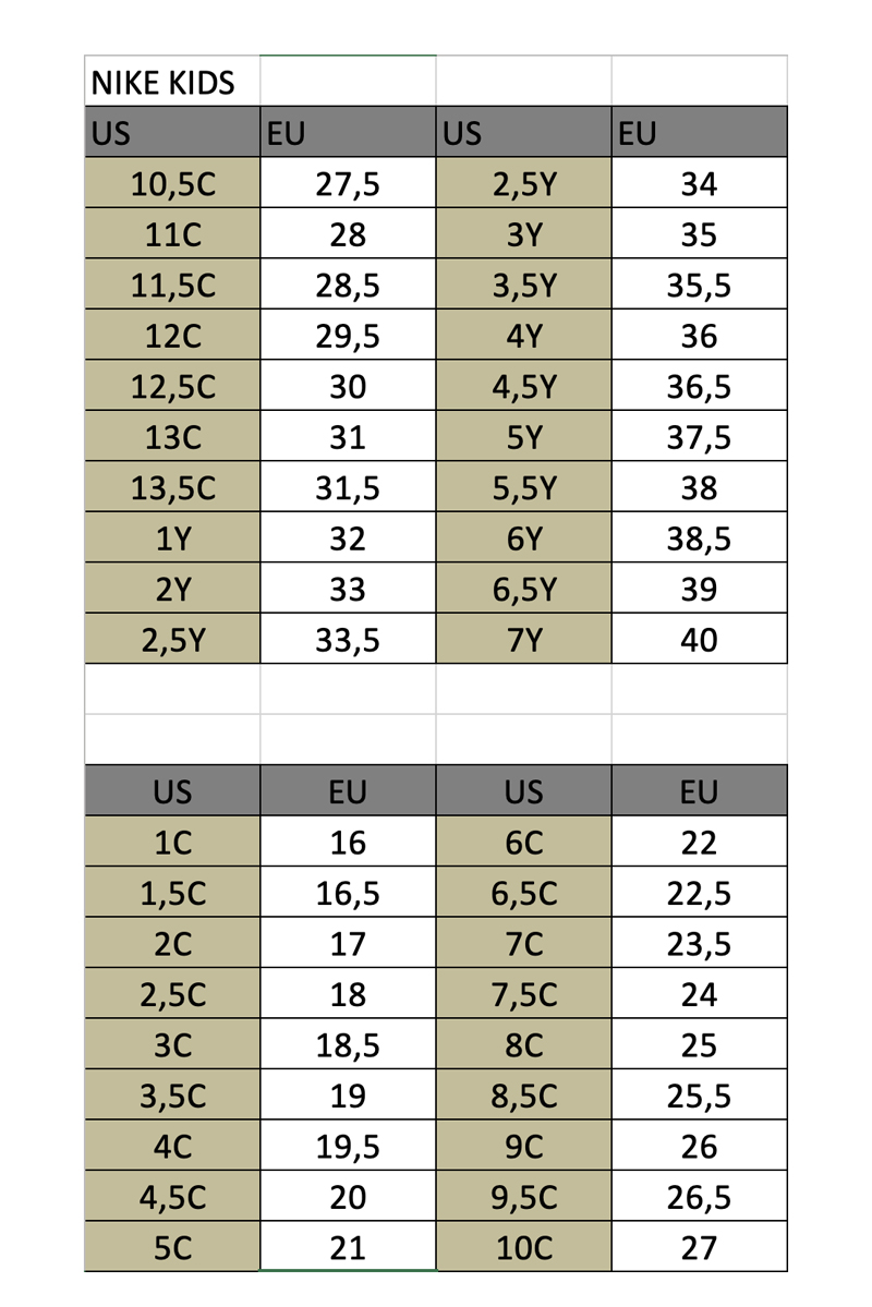 Nike 5c size chart online