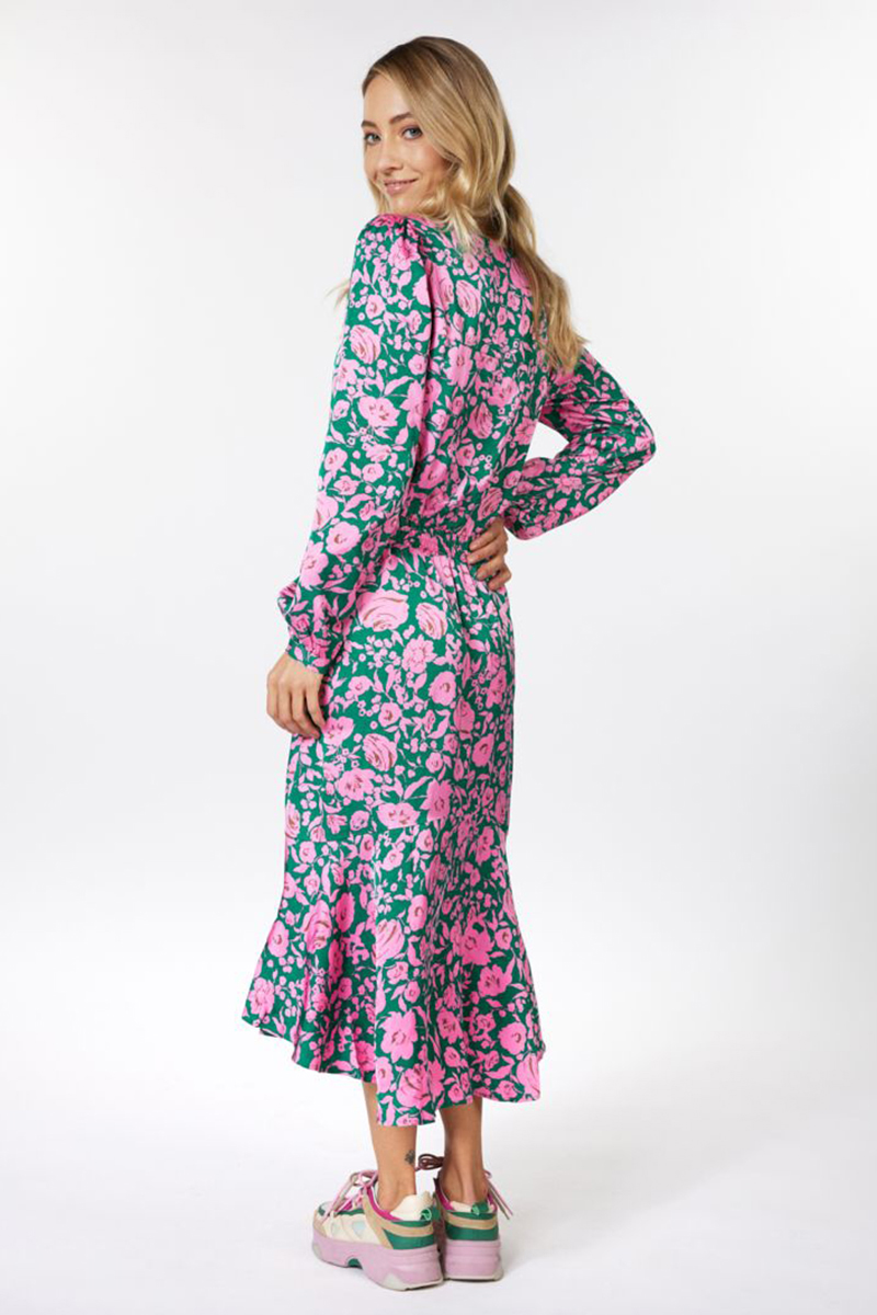 Beschrijven Pat arm Esqualo Dress overlap shimmer rose print Groen-1 Voorwinden