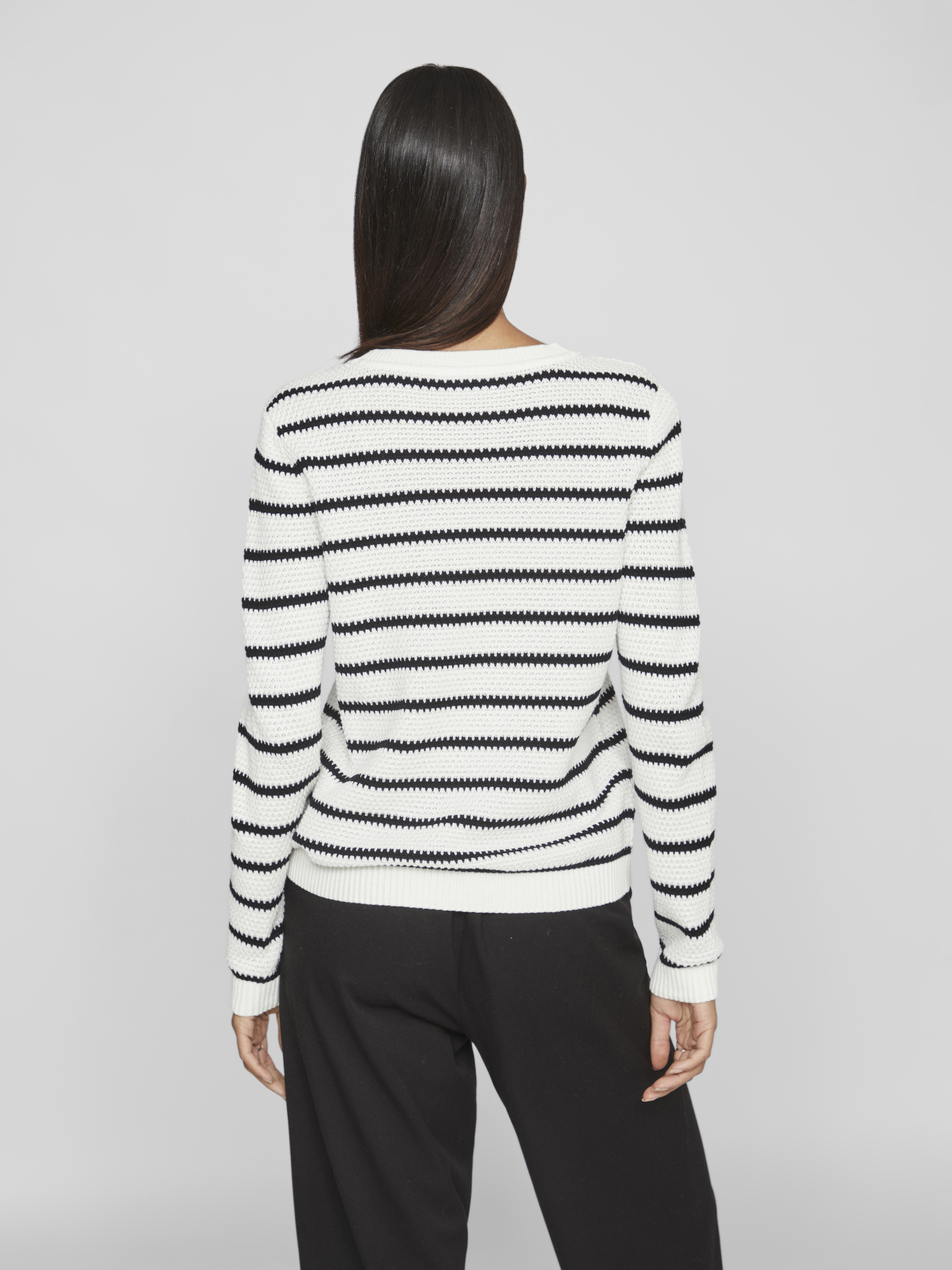 Vila VIDALO O-NECK L/S STRIPE KNIT TOP- 217891001-White Alyssum/BLACK 3