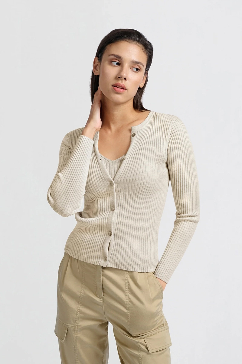 Yaya Fake cardigan in rib stitch LIGHT BEIGE MELANGE 2