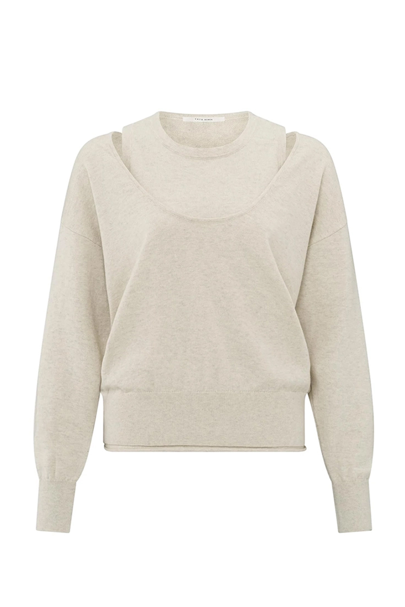 Yaya Deep round neck sweater with t LIGHT BEIGE MELANGE 1