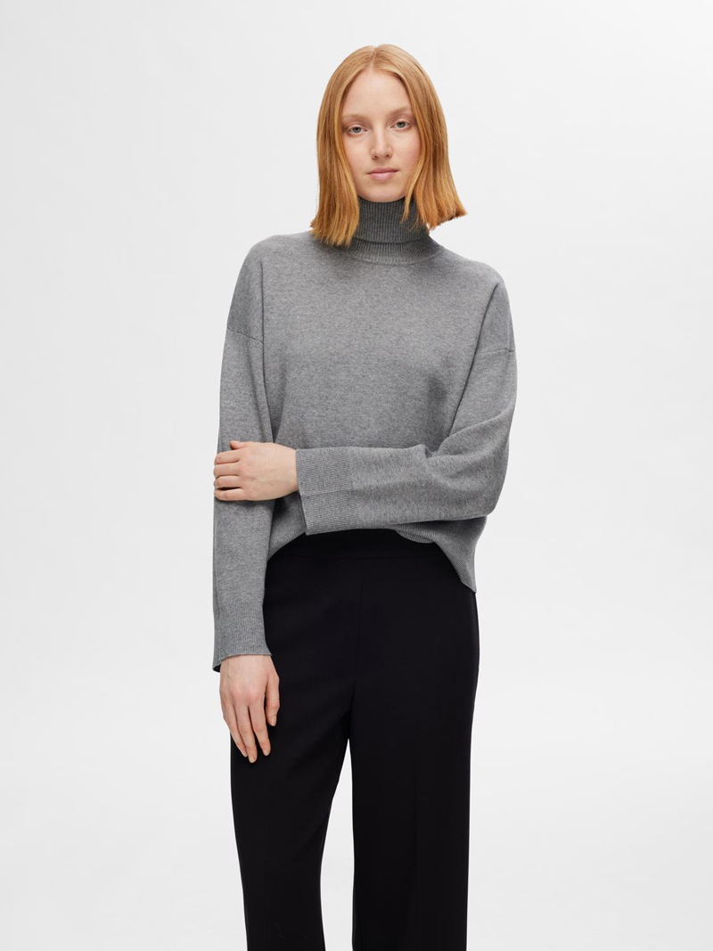 Selected SLFKAMMA LS KNIT ROLL NECK NOOS 178991-Medium Grey Melange 2