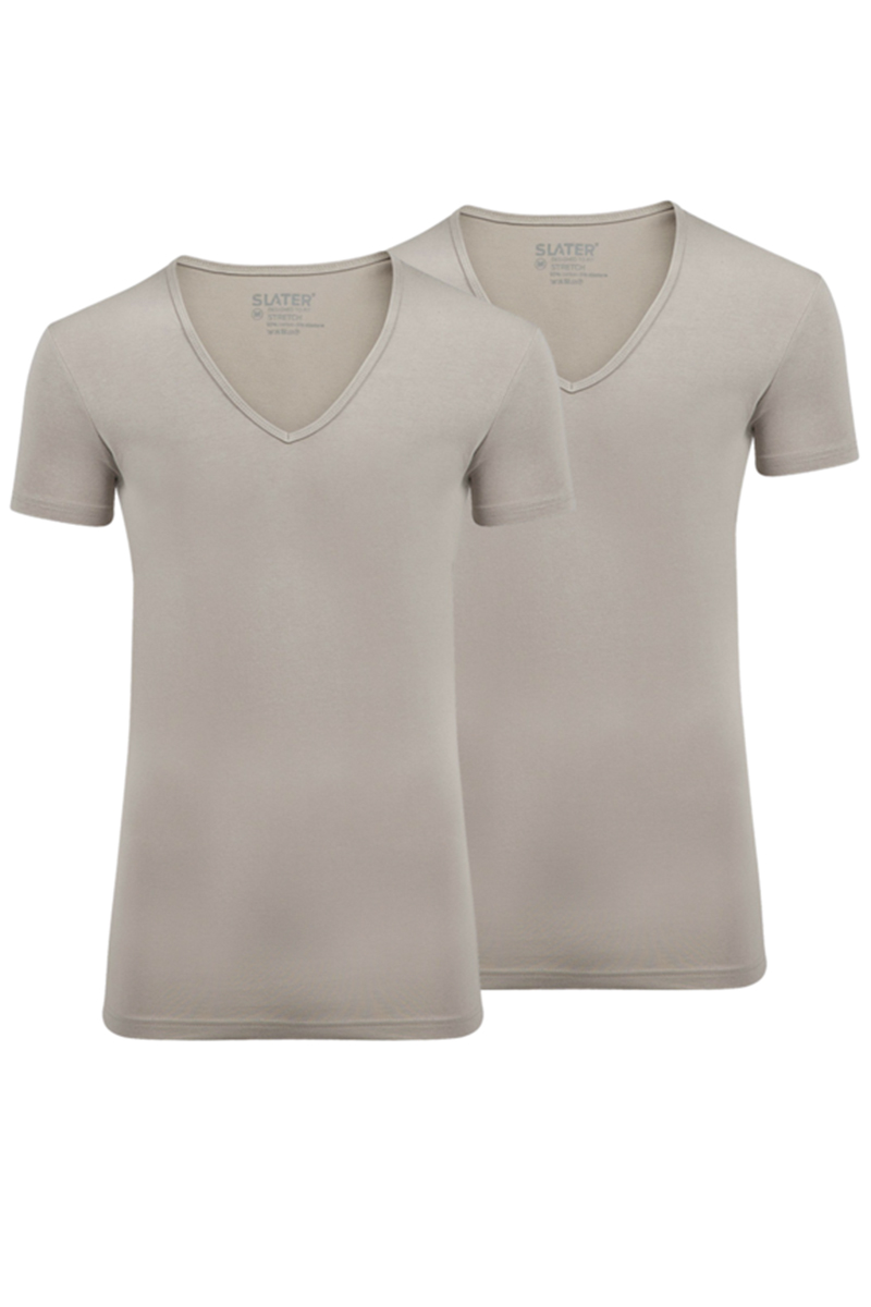 Slater STRETCH 2-pack T-shirt deep V-neck bruin/beige-1 1