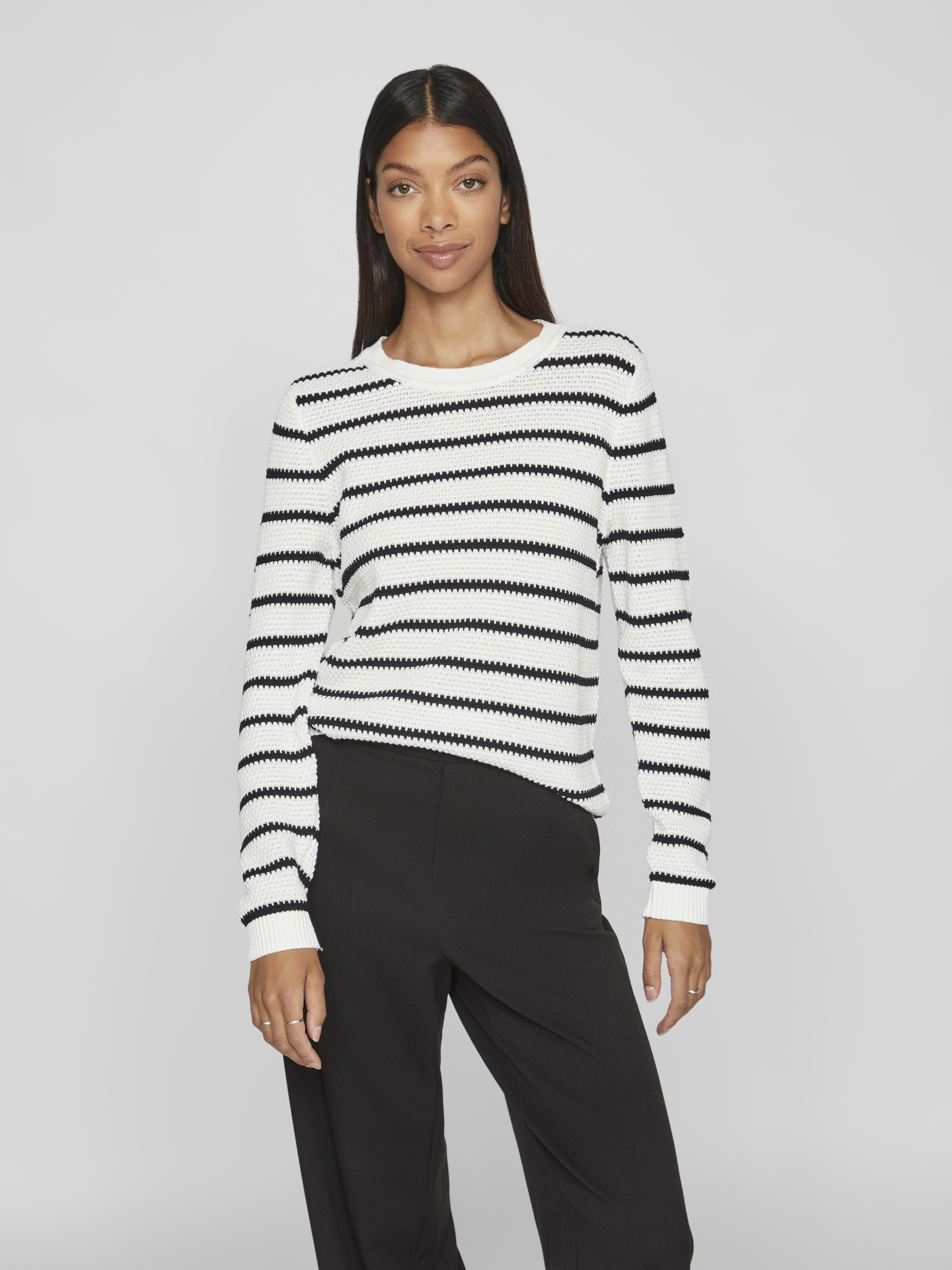 Vila VIDALO O-NECK L/S STRIPE KNIT TOP- 217891001-White Alyssum/BLACK 2