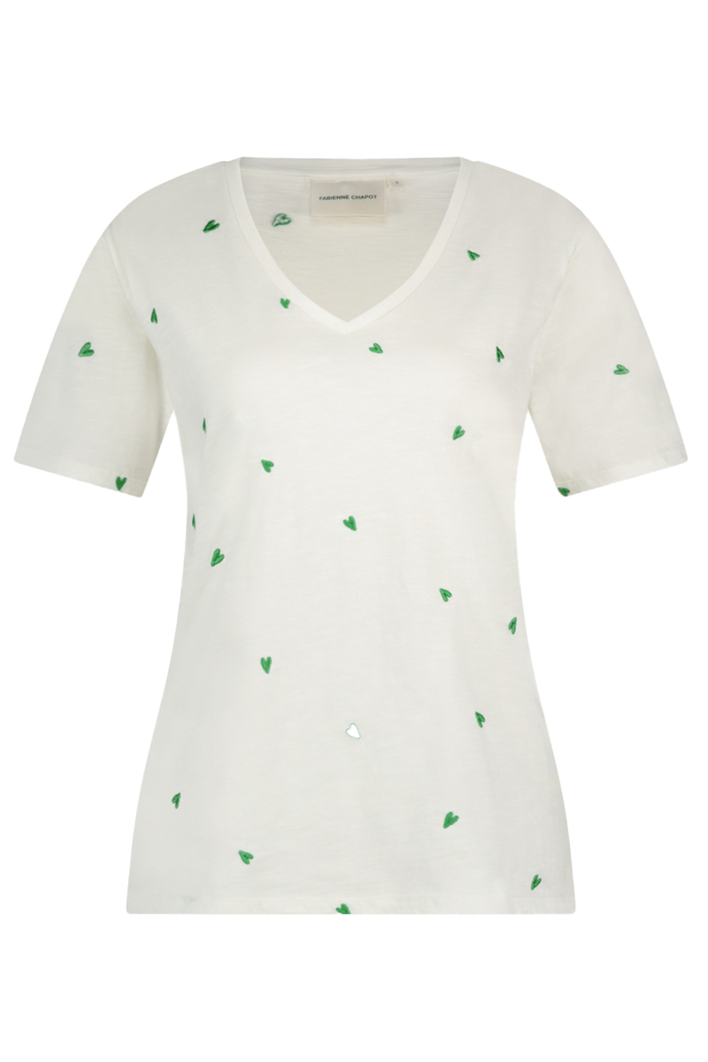 Fabienne Chapot Phil V-neck Green Heart T-shirt Ecru-1 1